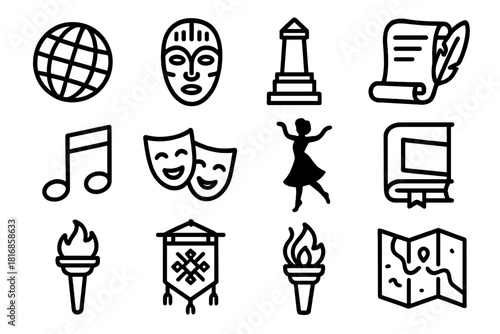 Cultural Icon Collection. Cultural Stories linear icon set: globe, mask, monument, scroll, feather pen, music note, theater masks, dance silhouette, ancient book, torch, tapestry