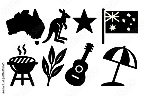 Australia Day Icons. Australia Day Symbols silhouette icon set. map, kangaroo, star, flag, barbecue, eucalyptus leaf, guitar, beach umbrella