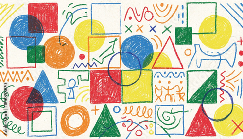 Funky crayon drawn geometric shapes and lines. Colorful pencil or chalk drawn naive Swiss design aesthetic. Basic geometric shapes, dots, playful pattern, primitive forms and figures