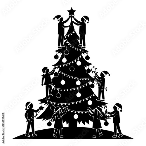 Festive Christmas Tree Decorating Party Vector Illustration with Silhouettes
