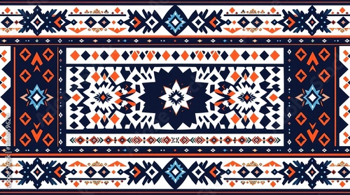 Colorful carpet with tribal pattern design. It features geometric shapes and designs in blue and orange.