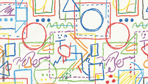 Funky crayon drawn geometric shapes and lines. Colorful pencil or chalk drawn naive Swiss design aesthetic. Basic geometric shapes, dots, playful pattern, primitive forms and figures