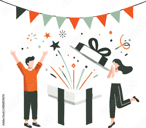 Happy people celebrating an unexpected gift opening a surprise present illustration