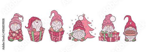 Pink Christmas gnome character set. Cartoon Xmas dwarf with funny beard and hat. Scandinavian gnome holiday vector illustration. Cozy hygge winter toy with gift boxes, plaid, pink Christmas tree.
