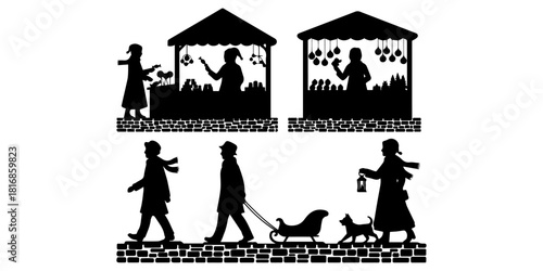 Festive Christmas Market Scene with Silhouetted Characters and Cobblestone Base, Vector Illustration for Primitive Tabletop Decor
