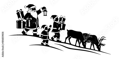Christmas Scene with Santa, Elves, and Reindeer in Primitive Flat Style
