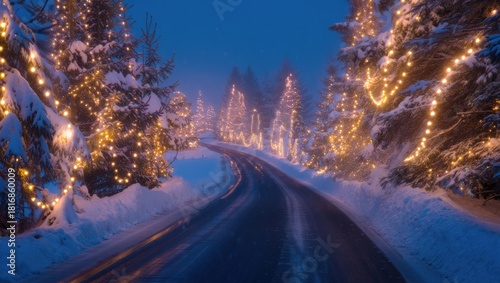 Snowy forest road lined with glowing Christmas lights