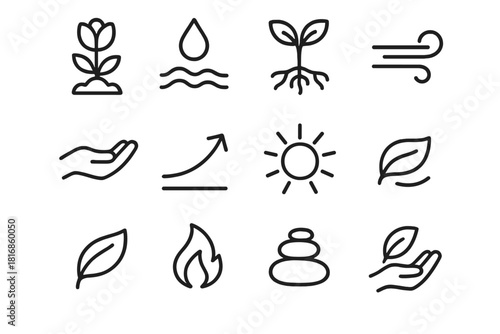 Natural Growth Icons. Natural Growth & Care linear icon set: blooming flower, warm soil icon, gentle rain droplet, seedling roots, soft breeze lines, nurturing hand, growth curve