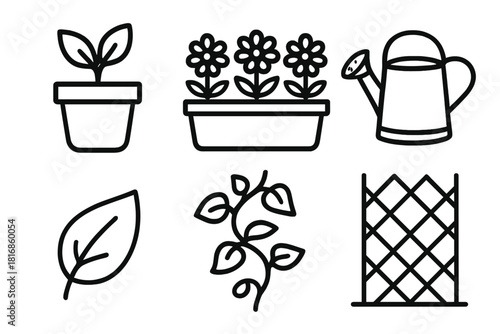 Garden Icon Set. Garden Touches linear icon set. potted plant, flower box, watering can, vine, leaf, trellis