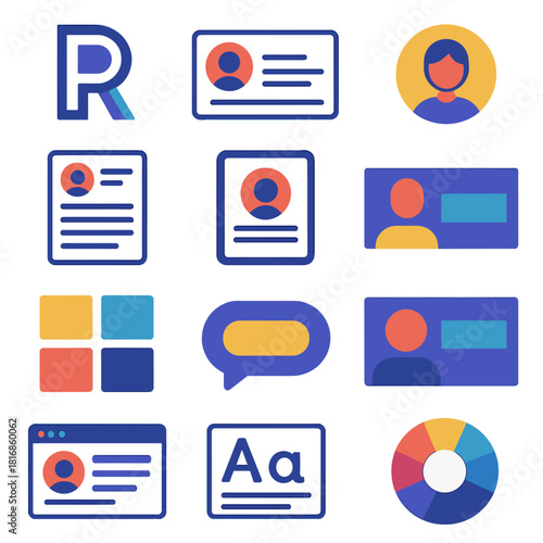 Modern Iconography Display. Professional Identity flat icon set: monogram logo, email signature, digital avatar, resume layout, mockup tablet, banner design, brand moodboard