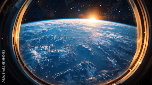 Fototapeta Naklejka Na Ścianę i Meble -  Earth view from space station window with golden sunrise high resolution image