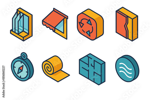 Passive House Icons. Passive House Design flat icon set: triple-glazed window, shading awning, heat exchanger, thick wall section, orientation compass, insulation roll, floor plan