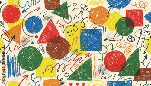 Funky crayon drawn geometric shapes and lines. Colorful pencil or chalk drawn naive Swiss design aesthetic. Basic geometric shapes, dots, playful pattern, primitive forms and figures