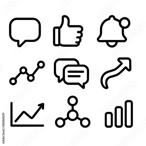 Digital Interaction Icons. Digital Engagement Set linear icon set: comment bubble, like icon, notification dot, share arrow, interaction graph, message thread, network nodes