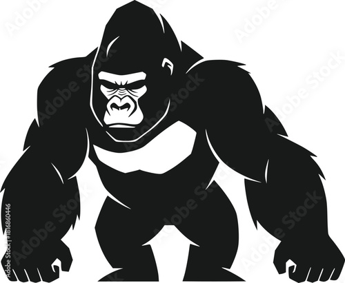 Powerful Silverback Gorilla Mascot Design Vector Illustration Standing Frontally with Muscular Body and Intense Facial Expression Isolated on a Clean White Background Perfect for Sports Logo
