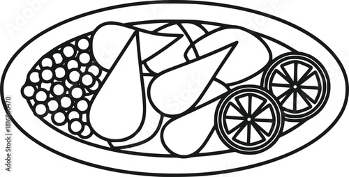 Outline Vector Graphic Illustration of a Gourmet Dinner Plate Featuring Cooked Food Slices Served with Citrus Fruit Garnishes and a Side of Round Vegetables Perfect for Restaurant Menu Desig