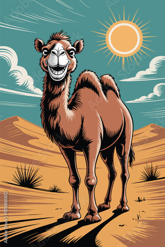Cute Cartoon Funky Camel Illustration in Vintage Retro Style, Cute Dromedary Camel Cartoon