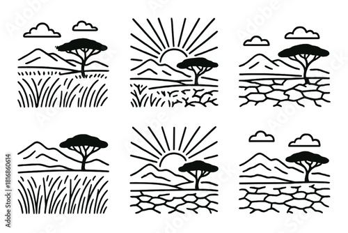 Savanna Silhouette Scene. Savanna Landscape linear icon set: golden grass, lone tree, mountain ridge, sun rays, dry soil, blue sky