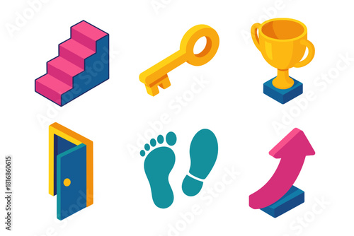 Isometric Success Icons. Persistence Path flat icon set: staircase, key, trophy, open door, footprint, upward arrow