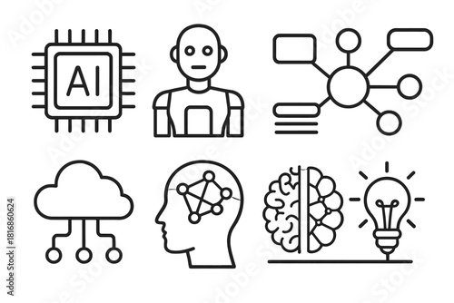 Futuristic AI Icons. Intelligent Systems Set linear icon set: AI processor, humanoid robot, data visualization, machine learning node, cloud computing, smart interface, neural