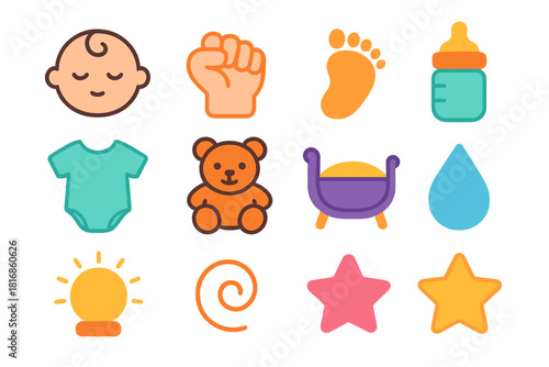 Newborn Essentials Icons. Newborn Pack flat icon set: newborn face, tiny fist, little footprint, bottle icon, soft onesie, plush toy, cradle shape, gentle droplet, warm glow, curl