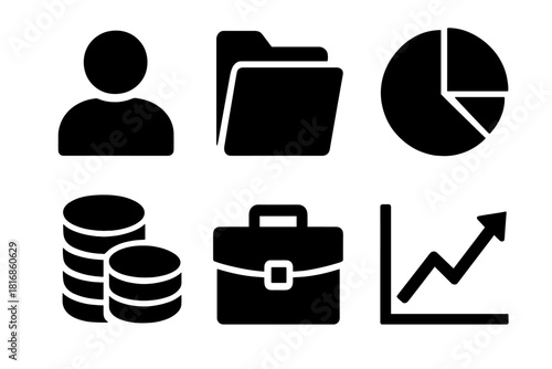 Brutalist Finance Icons. Employee equity silhouette icon set. person avatar, document folder, pie graph, coin stack, briefcase, chart line.