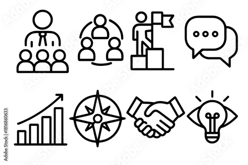 Leadership Skills Icons. Leadership Skills Icons linear icon set: leader figure, group teamwork, goal flag, communication bubble, growth chart, guidance compass, handshake, vision