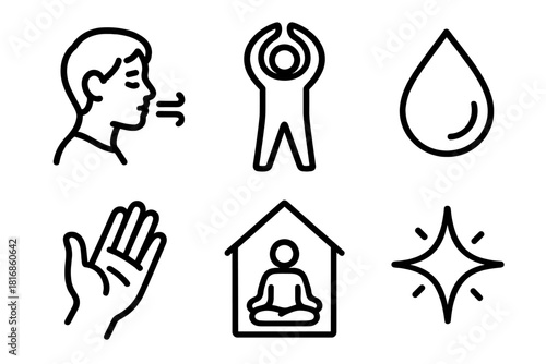 Emotional Reset Icons. Emotional Reset Practices linear icon set: grounding breath, gentle stretch, reflective droplet, open palm release, quiet space icon, clarity spark