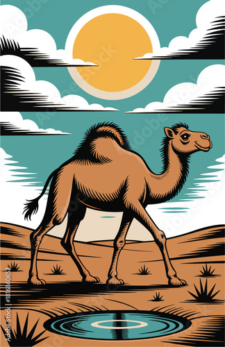 Cute Cartoon Funky Camel Illustration in Vintage Retro Style, Cute Dromedary Camel Cartoon