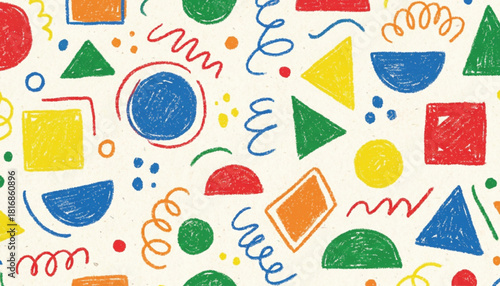 Funky crayon drawn geometric shapes and lines. Colorful pencil or chalk drawn naive Swiss design aesthetic. Basic geometric shapes, dots, playful pattern, primitive forms and figures