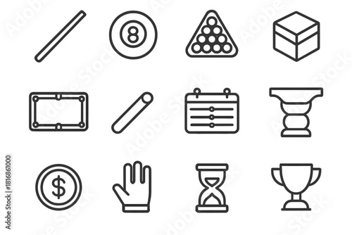 Cue Sports Icons. Cue Sports linear icon set: cue stick, 8-ball, triangle rack, chalk, table, cue tip, scoreboard, pocket, coin, glove, timer, trophy