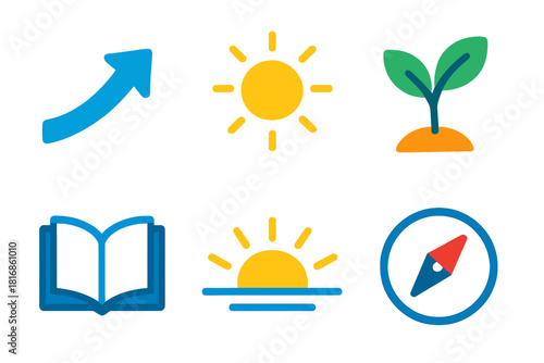Optimistic Symbol Icons. Optimistic Path flat icon set : upward arrow, shining light, sprouting leaf, open book, sunrise beam, compass symbol