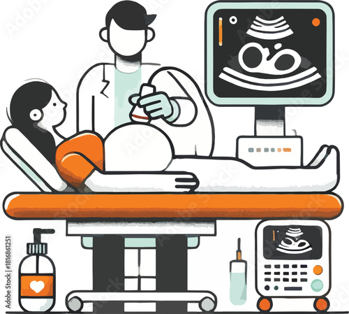 Illustration of a pregnant woman receiving an ultrasound scan from a medical professional