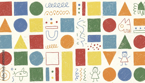 Funky crayon drawn geometric shapes and lines. Colorful pencil or chalk drawn naive Swiss design aesthetic. Basic geometric shapes, dots, playful pattern, primitive forms and figures