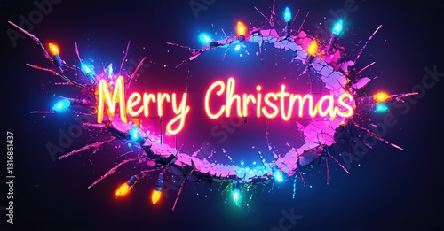 Wallpaper Mural Bright neon lights form wreath shape, displaying Merry Christmas text. Vivid colors, dark background create festive mood. Torontodigital.ca