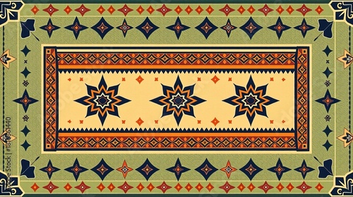 Decorative patterned rug with intricate geometric designs and vibrant colors