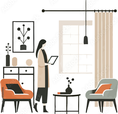 A woman with interior design of living room