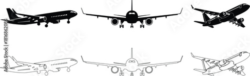 Passenger airplane illustrations shown in both black silhouette and line art outline styles from various angles including landing takeoff and front view
