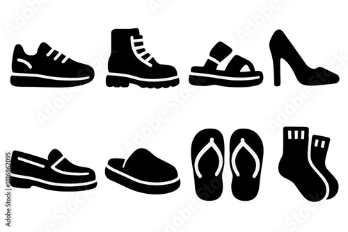 Bold Footwear Icons. Footwear Essentials silhouette icon set. sneakers, boots, sandals, heels, loafers, slippers, flip-flops, socks.
