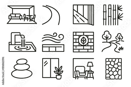 Eco-Friendly Design Icons. Mindful Architecture linear icon set: open floor plan, curved line, natural light beam, bamboo texture, water feature, air flow symbol, sustainable wall