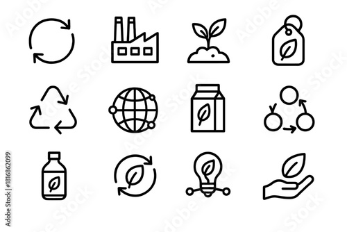 Circular Bioeconomy Icons. Circular Bioeconomy linear icon set. loop arrow, green factory, plant sprout, eco label, recycling arrows, global network, clean packaging, material flow