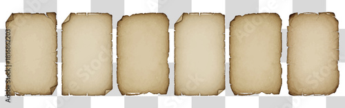 Six aged parchment sheets with distressed edges for vintage maps and historical documents design use
