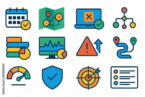 Continuity Operations Icons. Continuity Operations Set flat icon set: backup schedule, disaster recovery map, failover test tile, service dependency graph, resource allocation card
