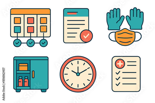 Clinical Workflow Icons. Clinical Operations Set flat icon set: workflow board, intake form, PPE gear, storage cabinet, schedule clock, safety checklist