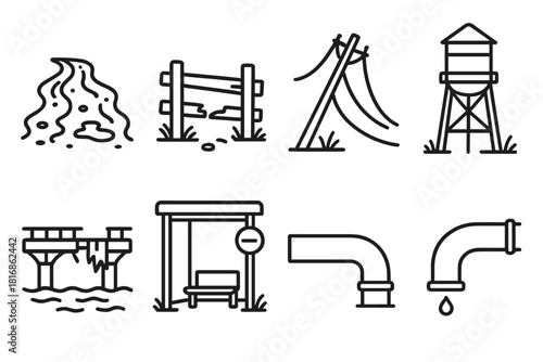 Rural Infrastructure Challenges. Rural infrastructure issue concept linear icon set: unpaved road, broken fence, power line collapse, old water tower, muddy street, damaged bridge