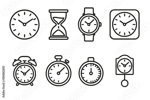 Outline Timekeeping Icons. Timekeeping elements linear icon set: clock face, hourglass, wristwatch, wall clock, alarm clock, stopwatch, timer dial, pendulum