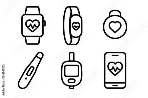 Digital Health Icons. Digital Health Devices linear icon set: smartwatch, fitness band, heart rate sensor, thermometer, glucose monitor, smartphone app