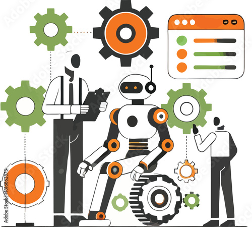 Modern robotics and automation concept illustrating robot programming and human collaboration in technology