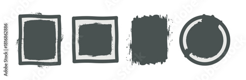 Hand-drawn grunge brush stroke shapes: framed rectangles, solid textured square, and an imperfect circle element. Vector