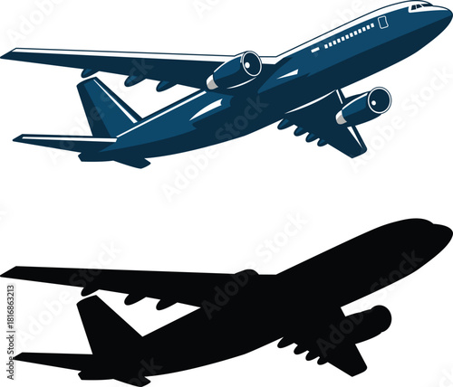 Passenger jet taking off shown as a detailed illustration and a simple black silhouette